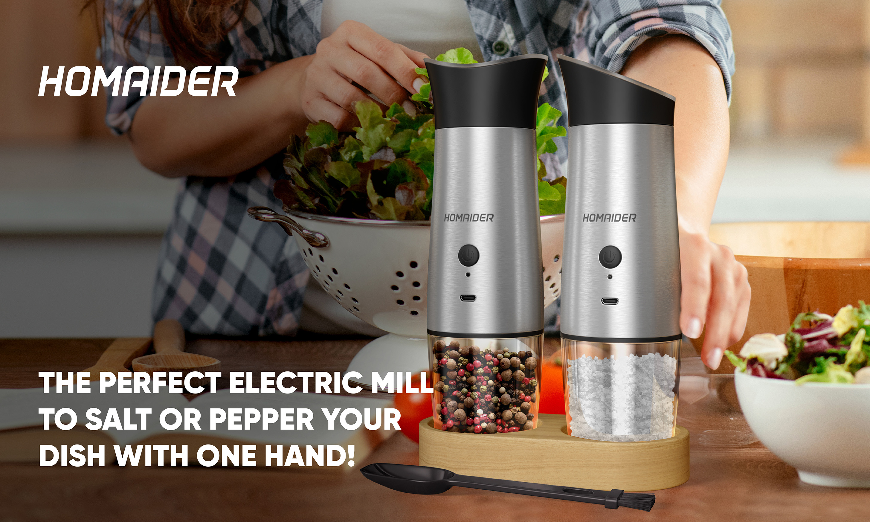 SIMPLETASTE Electric Salt and Pepper Grinder Set, Automatic One-Hand  Operation, Light and Adjustable Coarseness, Stainless Steel 