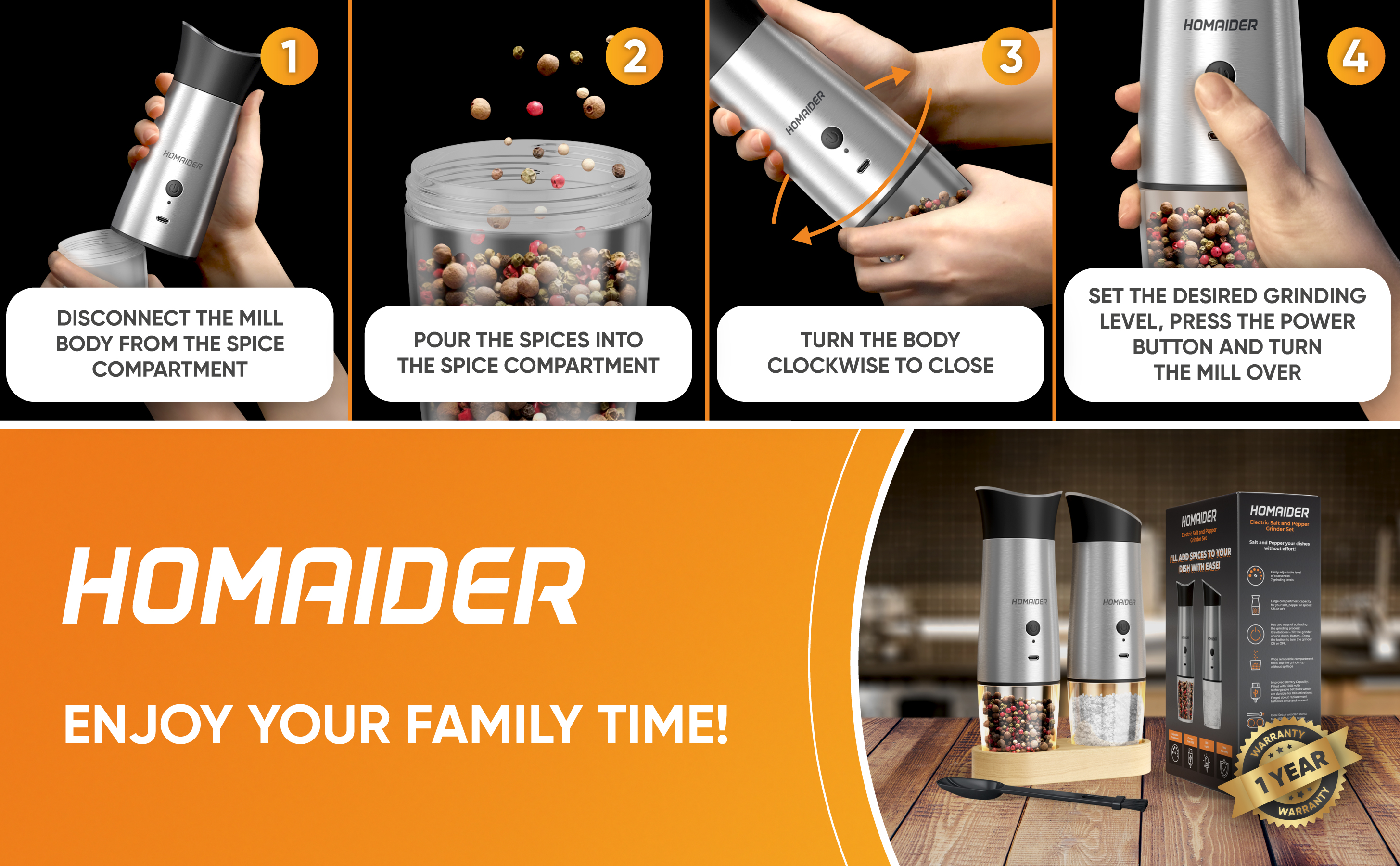 Homaider Electric Salt and Pepper Grinder Set Rechargeable & Automatic -  for Spices, Salt and Pepper - Wooden Stand, Brush, LED Lights, x2 Charging